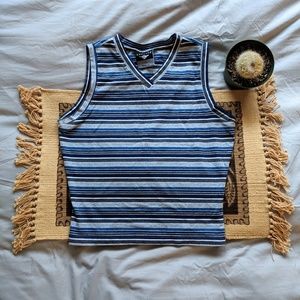 90's Vintage navy striped v-neck crop top
